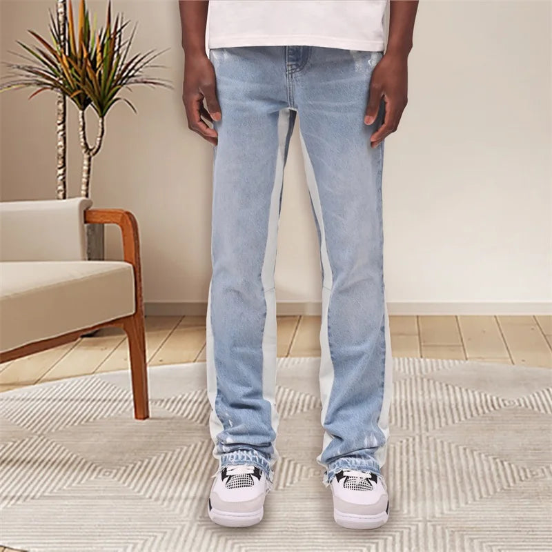 Mens Retro Distressed Jeans With Zipper Pockets Faded Wash