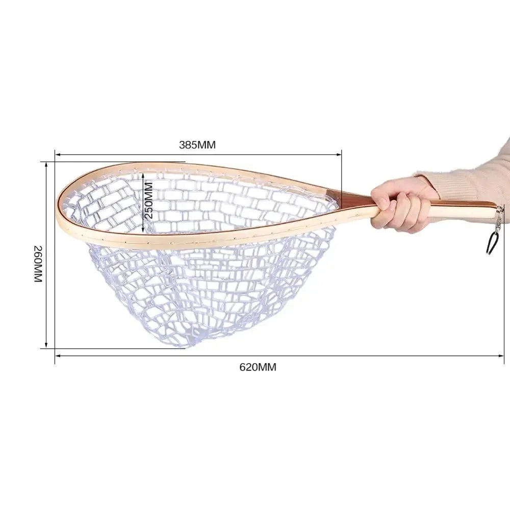 Fly Fishing Landing Net Wooden Handle And Clear Rubber Mesh