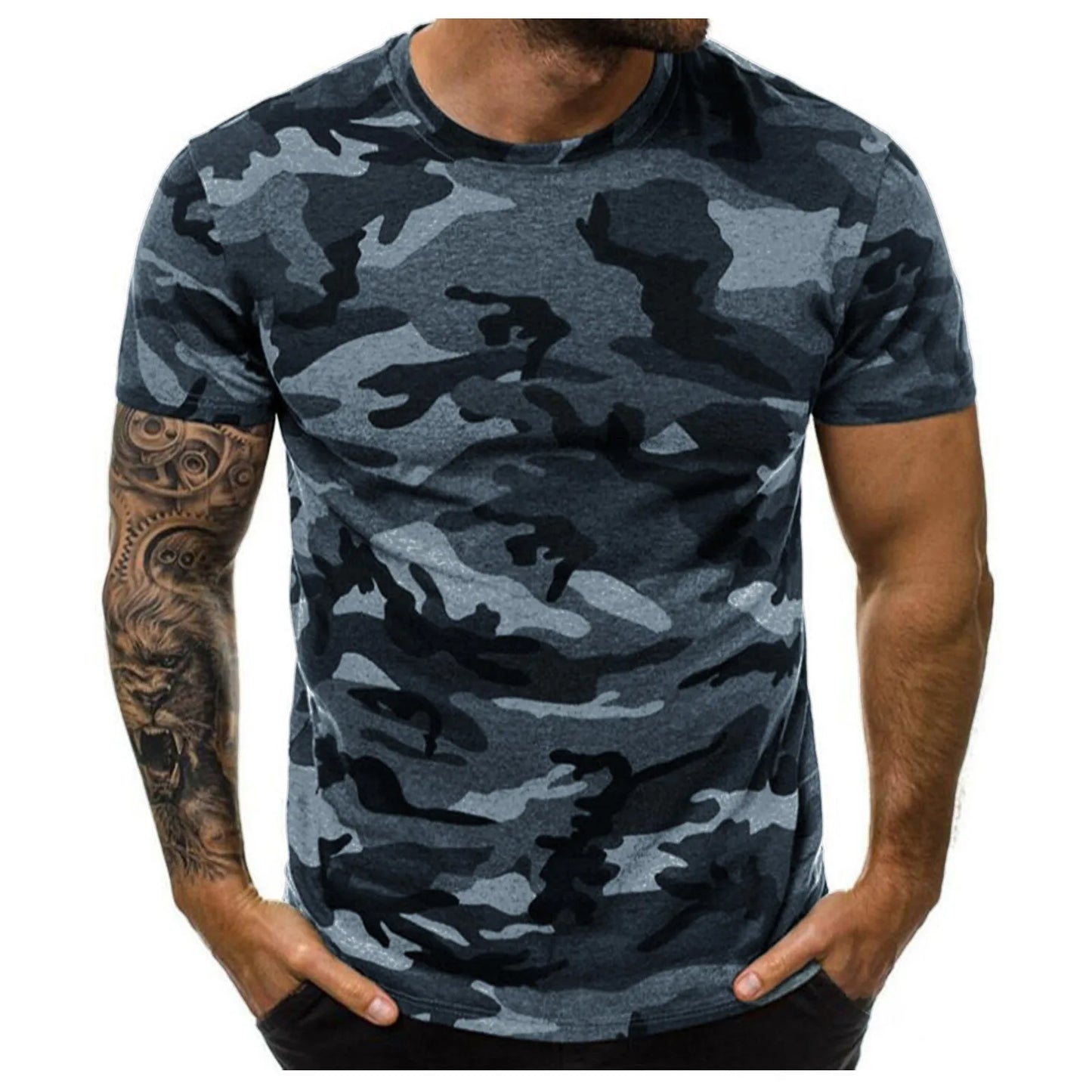 Mens Casual Round Neck Camouflage Short Sleeve Tee