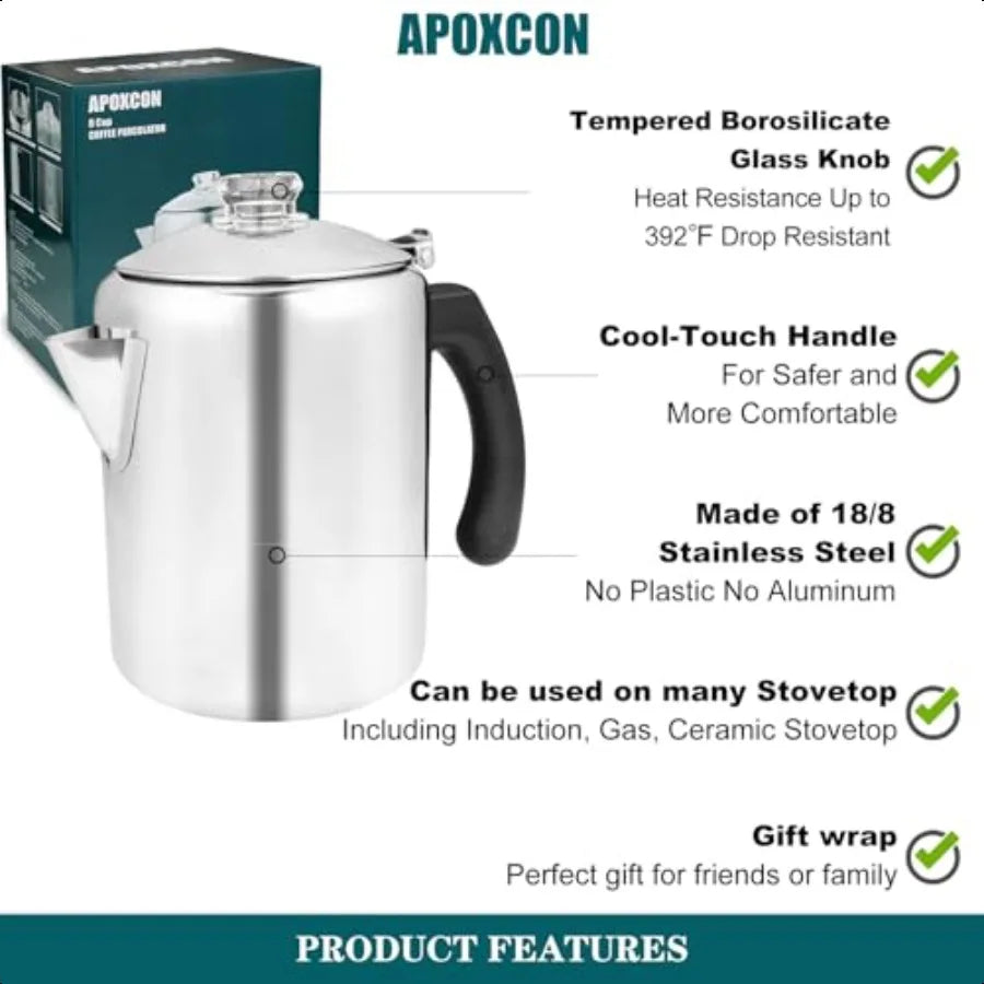 Stainless Steel Coffee Percolator Pot Glass Knob Stovetop