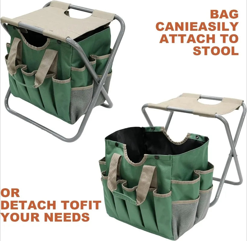 Folding Gardening Stool With Detachable Tote And Tools