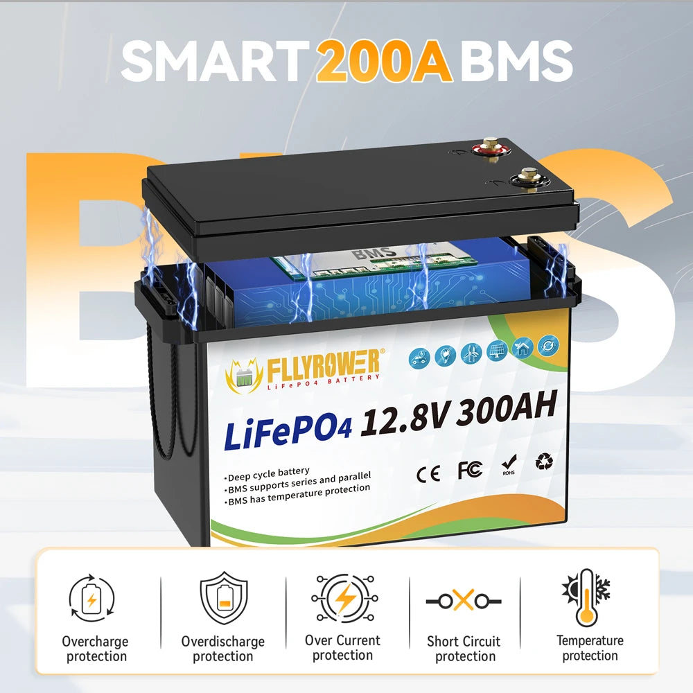 FLLYROWER 12V 300Ah LiFePO4 Battery With 200A BMS RV Solar
