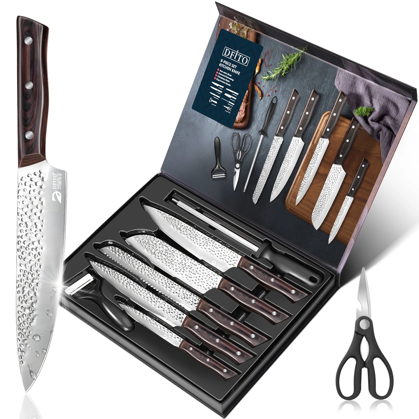 8 Piece Chef Knife Set Hammer Pattern Stainless Blades