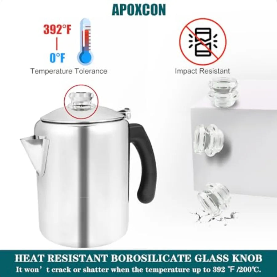 Stainless Steel Coffee Percolator Pot Glass Knob Stovetop