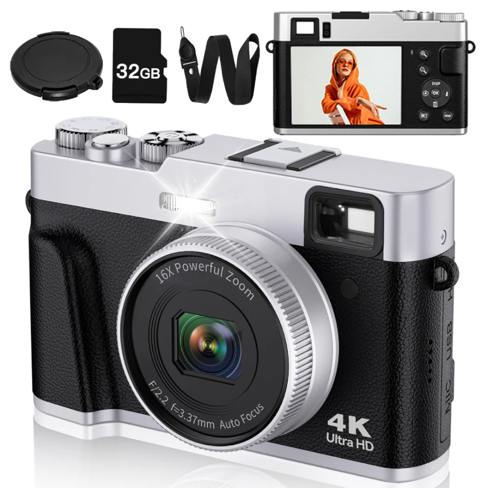ZOSTUIC 4K Digital Camera, Autofocus 48MP Vlogging Camera, 16X Digital Zoom Video Camera Anti-Shake with 32GB Card - Black