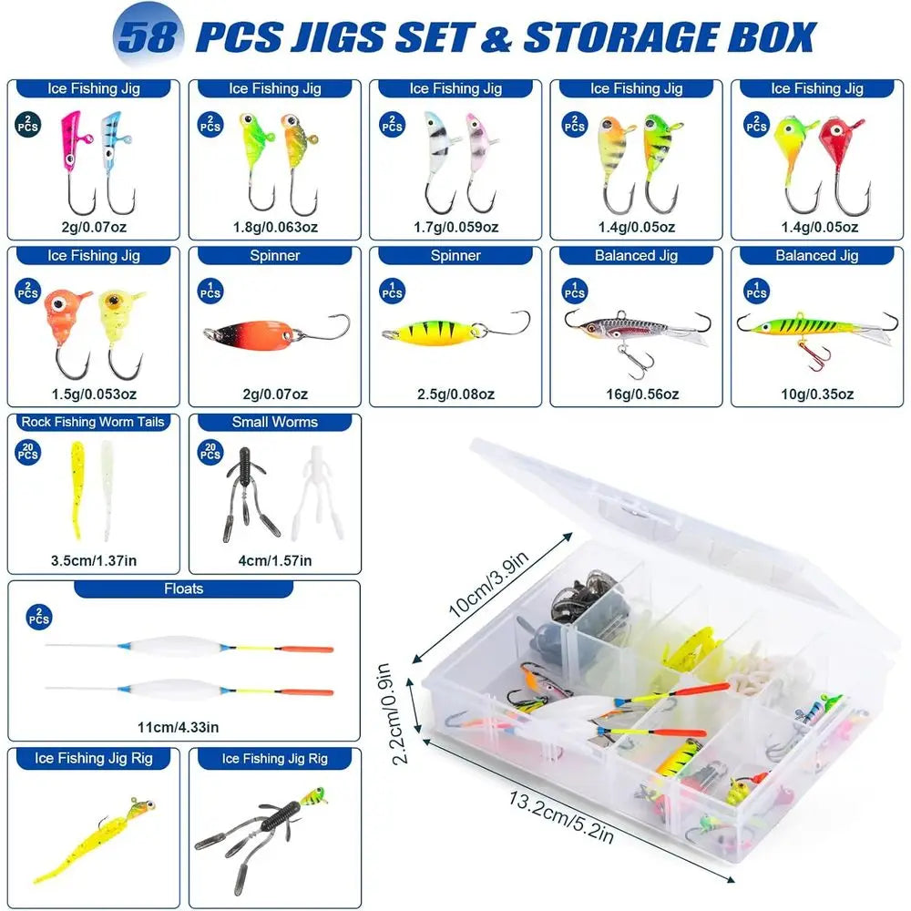 Ice Fishing Rod and Reel Combo with Carry Bag, 24''Medium Spinning Ice Fishing Pole, 58Pcs Jigs & Lures with Storage Box, Line,F