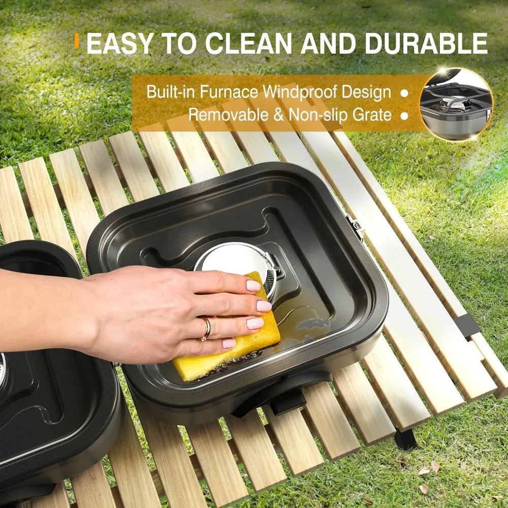 Foldable 2-burner camping stove, portable propane camping stove, adjustable burner and piezoelectric ignition for camping