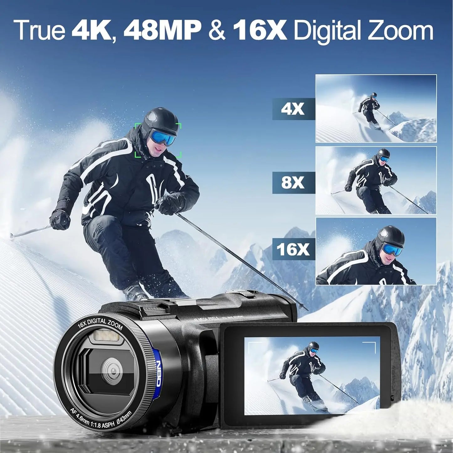 NBD 4K Camcorder 48MP Vlogging WiFi App Control 16X Zoom