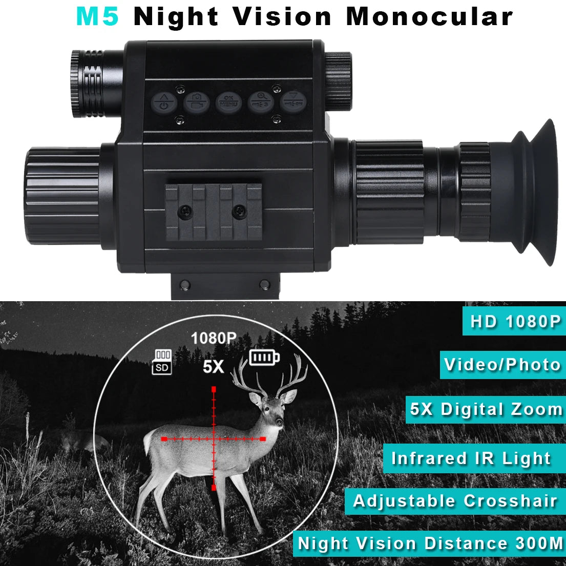 Digital Night Vision Riflescope 940nm IR Scope 5X Zoom HD
