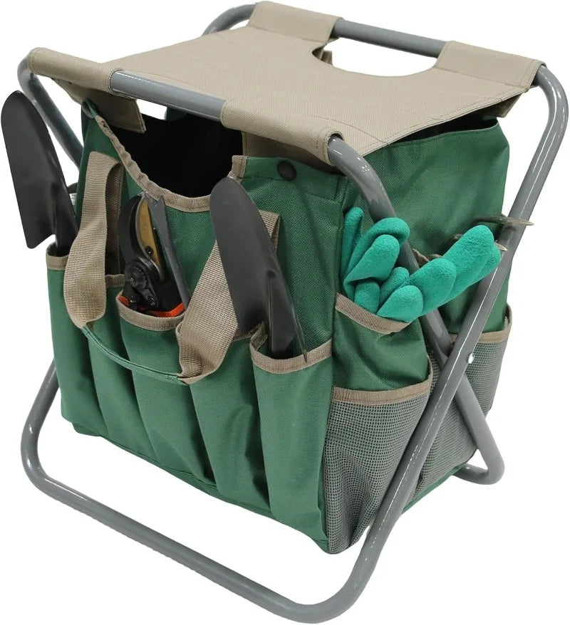 Folding Gardening Stool With Detachable Tote And Tools