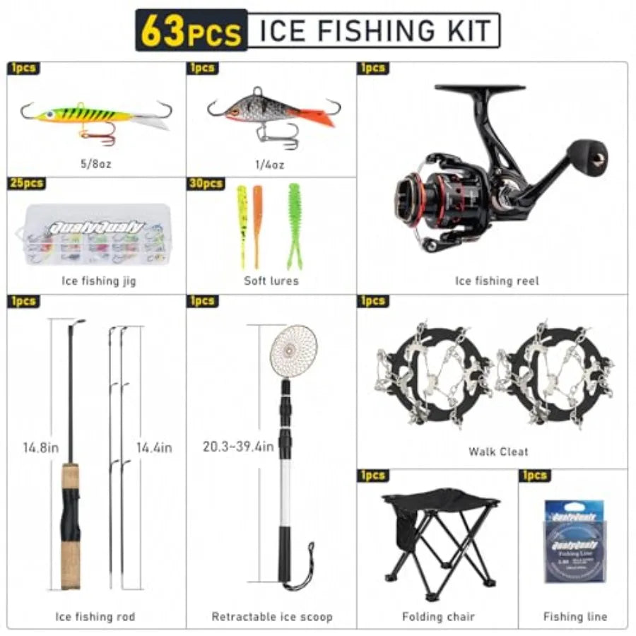 Portable Ice Fishing Rod and Reel Combo 28'' Set with Inline Reels Lures Ice Cleats Carrier Bag Folding Stool Fishing Line and