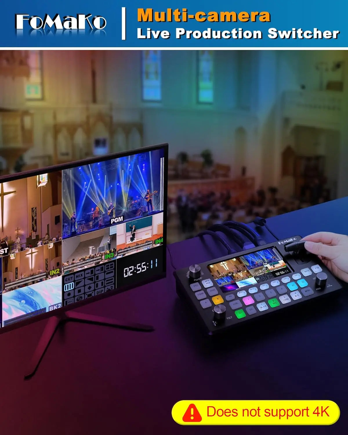 FoMaKo NDI Camera AI Auto Tracking HDMI PTZ Camera 20x Optical Zoom(4pcs) +KC601 Video Mixer Switcher+ KC608N NDI PTZ Controller