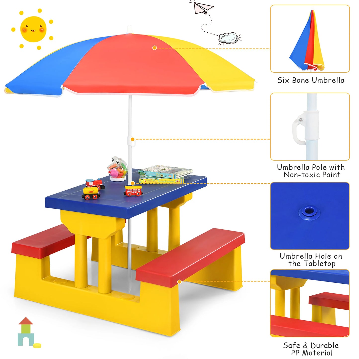 Kids Picnic Table Set With Removable Umbrella Outdoor