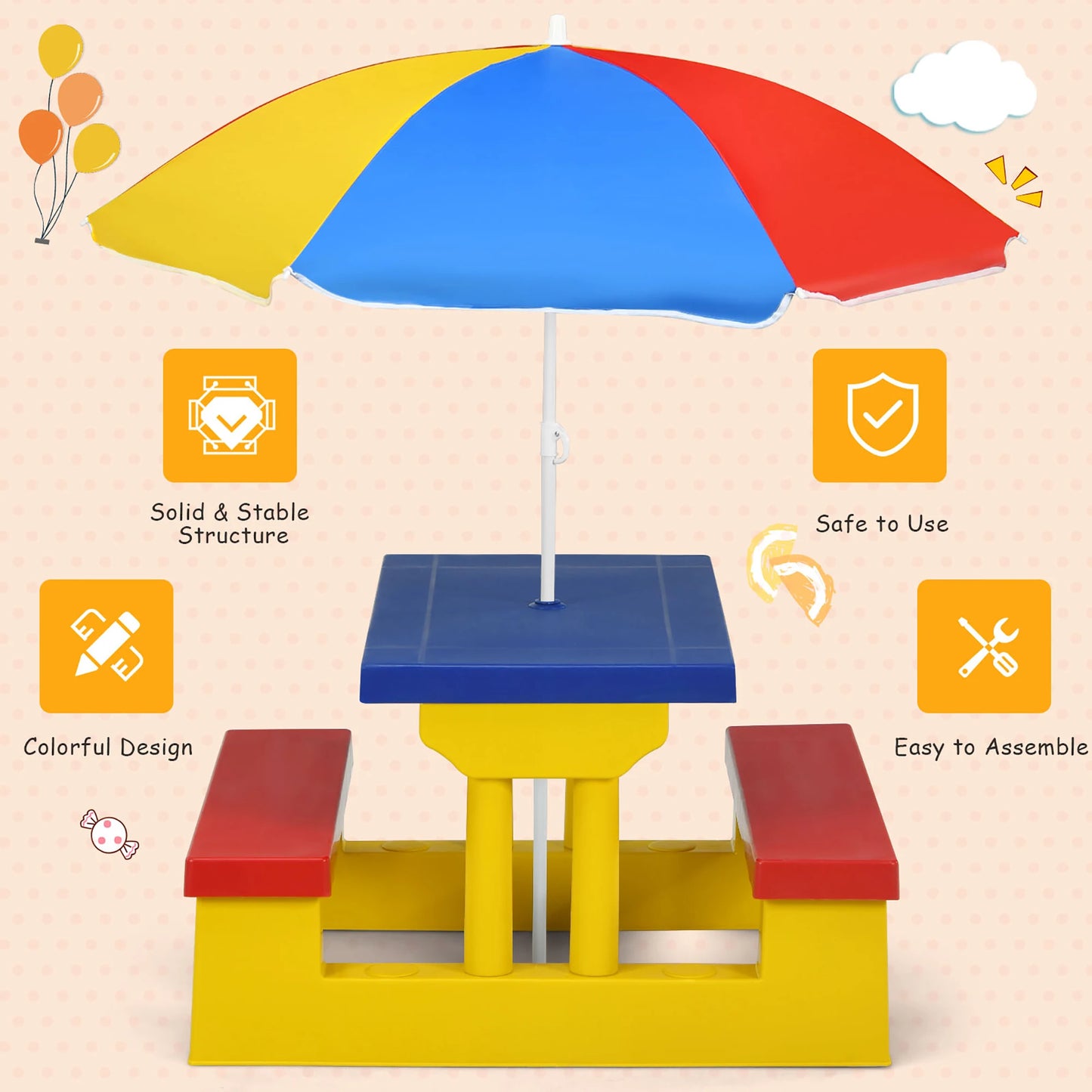 Kids Picnic Table Set With Removable Umbrella Outdoor