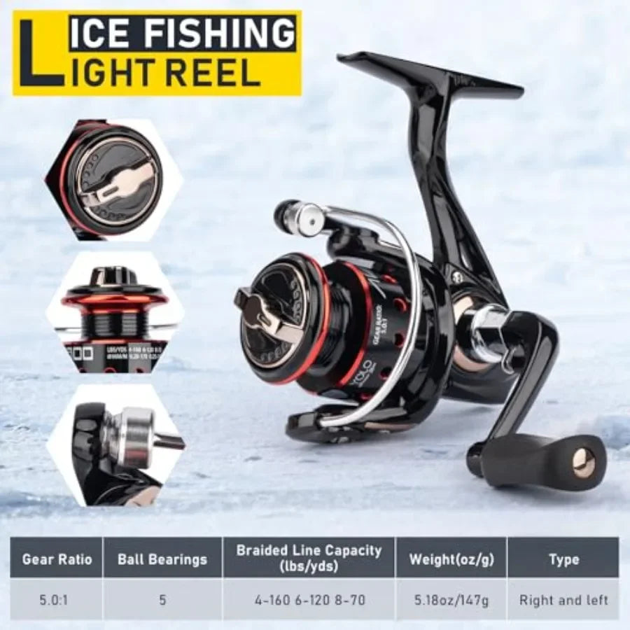 Portable Ice Fishing Rod and Reel Combo 28'' Set with Inline Reels Lures Ice Cleats Carrier Bag Folding Stool Fishing Line and