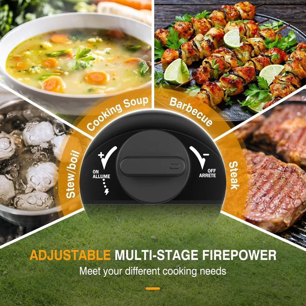 Foldable 2-burner camping stove, portable propane camping stove, adjustable burner and piezoelectric ignition for camping