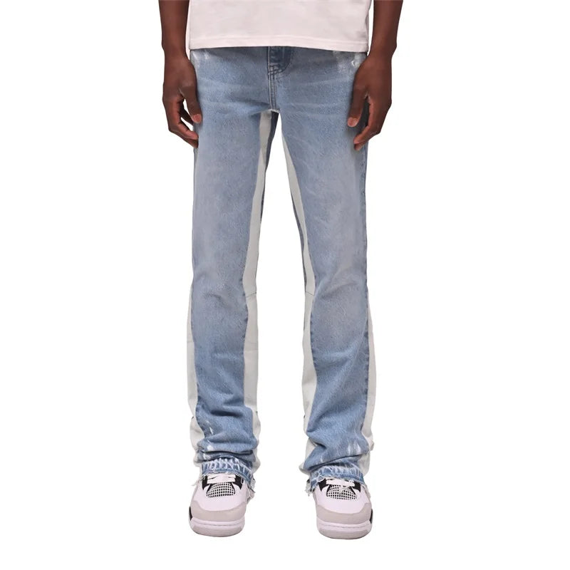Mens Retro Distressed Jeans With Zipper Pockets Faded Wash