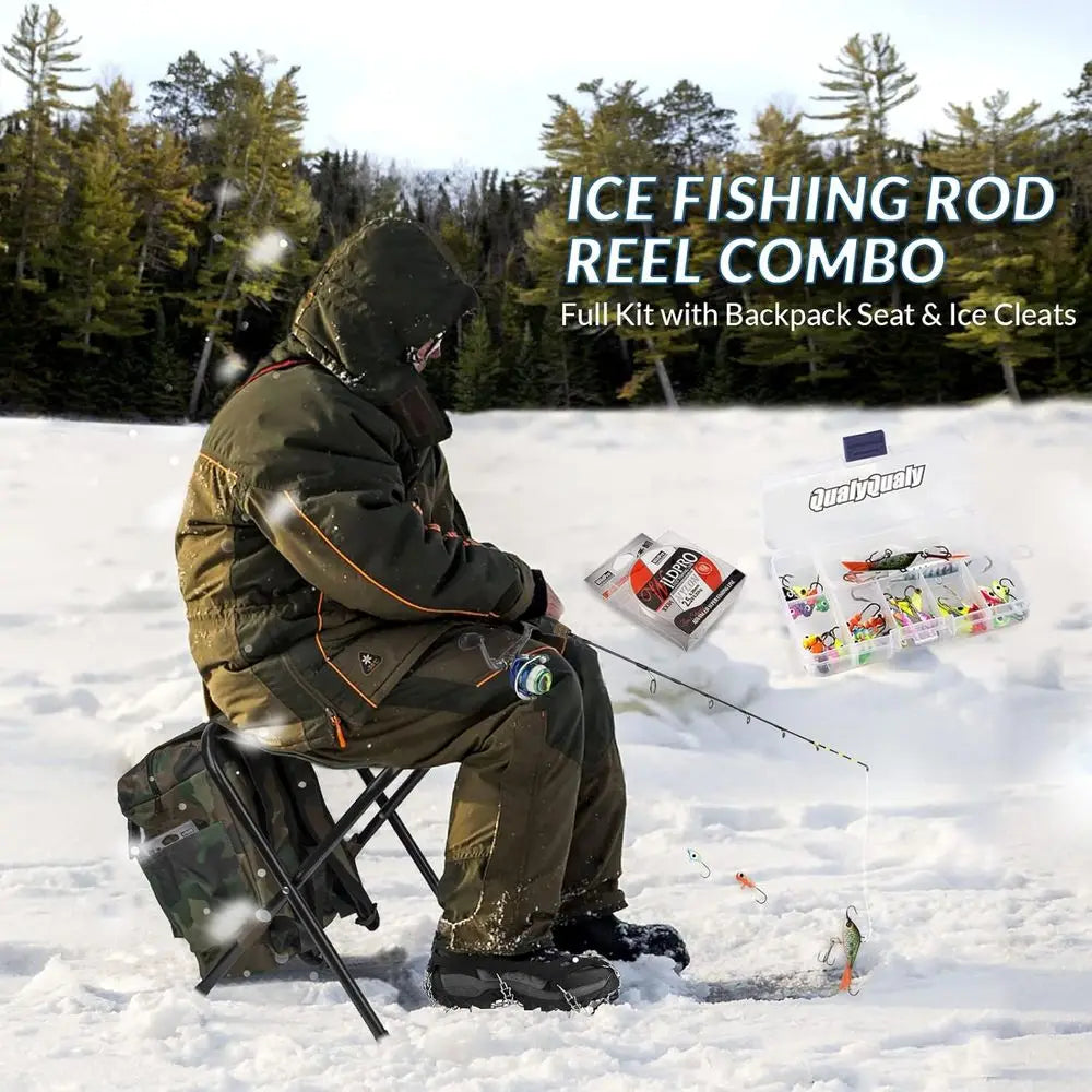 Ice Fishing Rod Reel Combo Complete Set Ice Fishing Gear with Backpack Seat Ice Cleats Ice Fishing Jigs Line Full Ice Fishing Ki