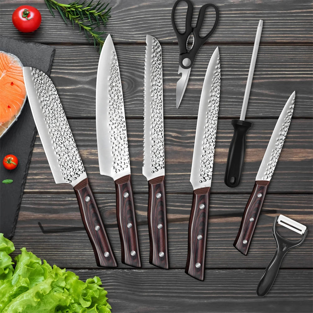 8 Piece Chef Knife Set Hammer Pattern Stainless Blades