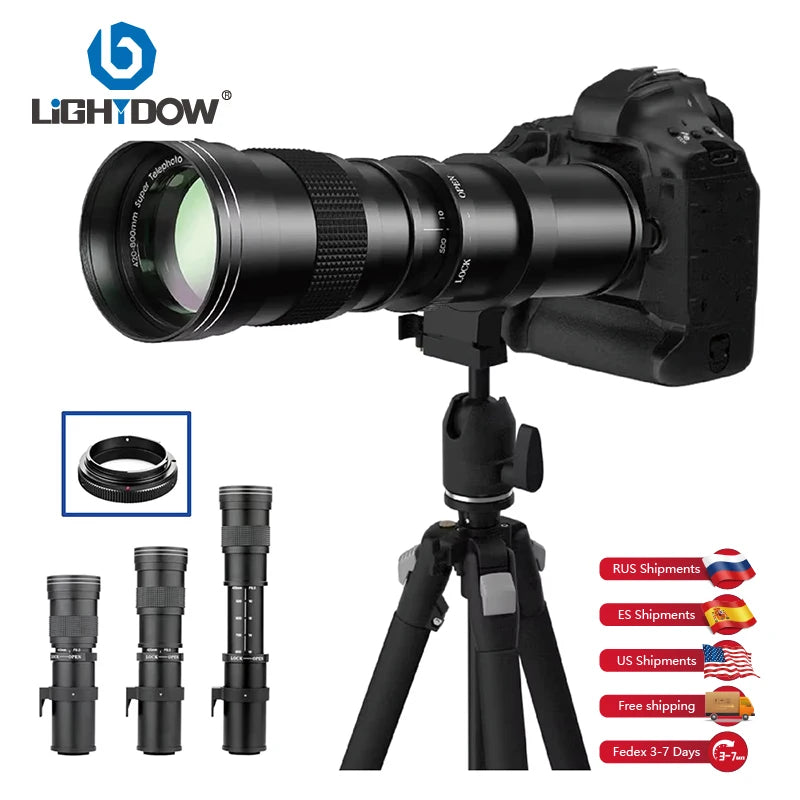 Lightdow 420-800mm F8.3-16 Super Telephoto Manual Zoom Lens with T2 Ring Adapter for Canon Nikon Sony RU USA ES Shipping