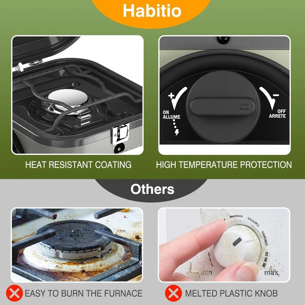 Foldable 2-burner camping stove, portable propane camping stove, adjustable burner and piezoelectric ignition for camping