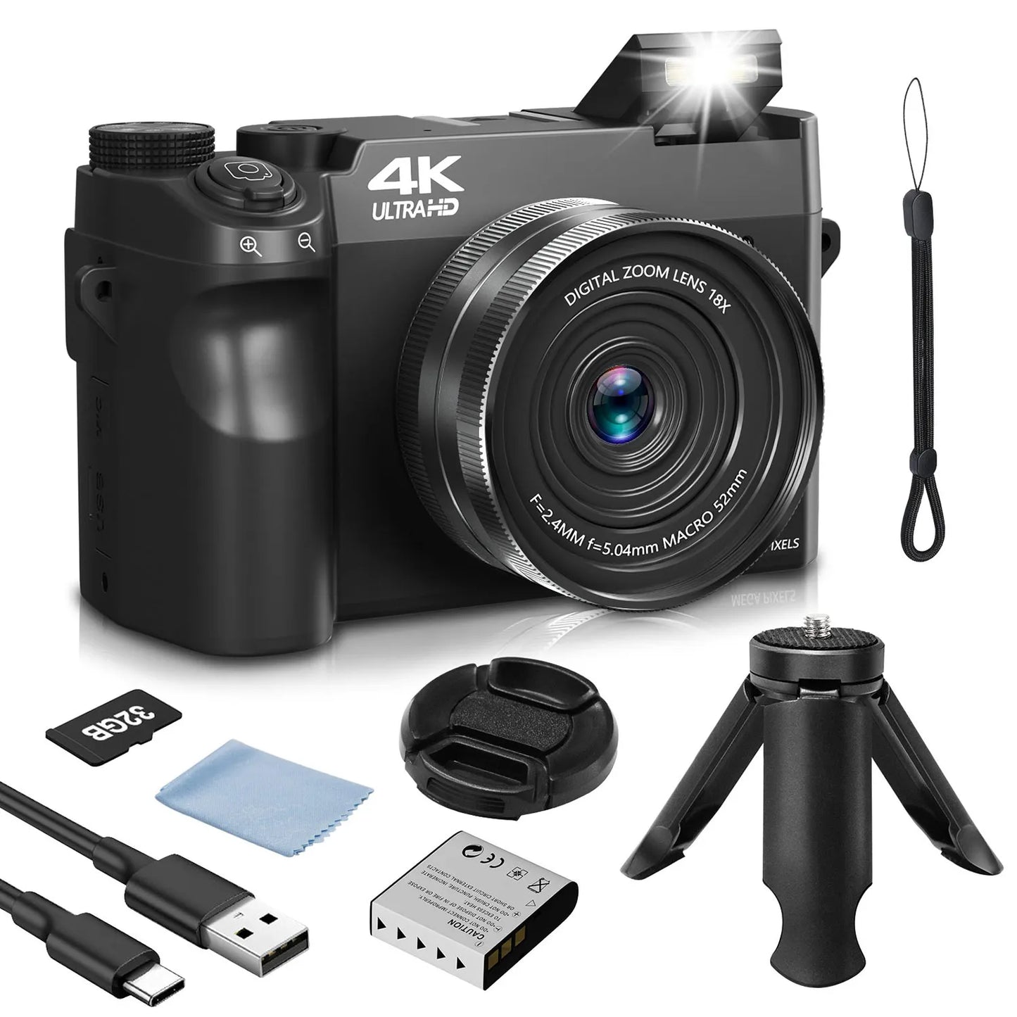 4K Digital Camera 75MP Autofocus Anti Shake 18X Zoom