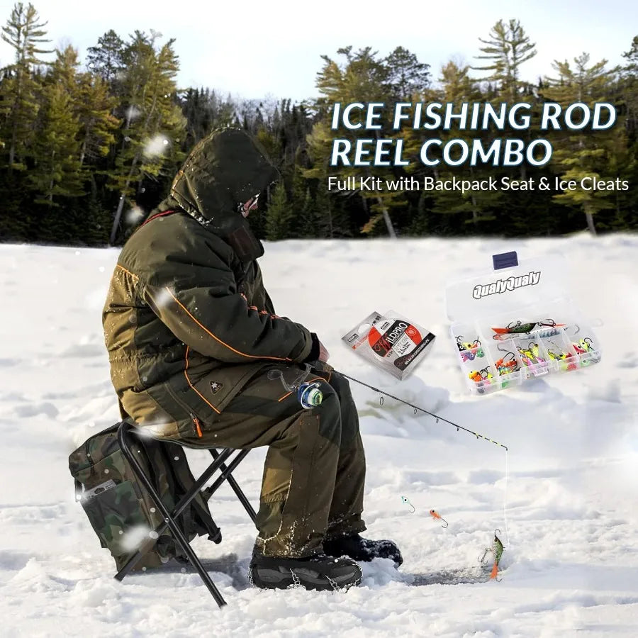 Complete Ice Fishing Kit with Reel Combo Backpack Seat Ice Cleats Jigs Line for Winter Fishing Adventures on Frozen Lakes and R