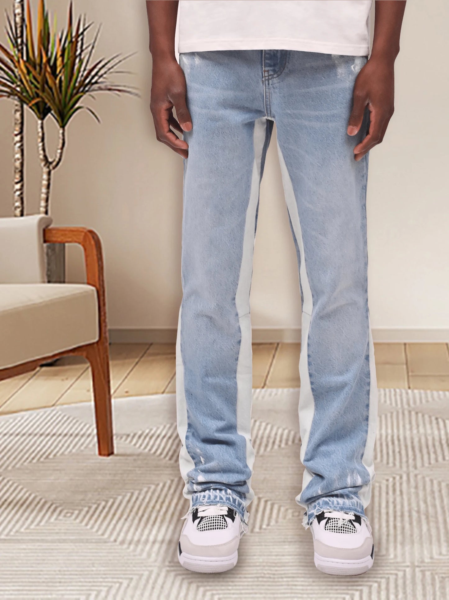 Mens Retro Distressed Jeans With Zipper Pockets Faded Wash