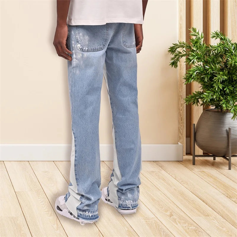 Mens Retro Distressed Jeans With Zipper Pockets Faded Wash