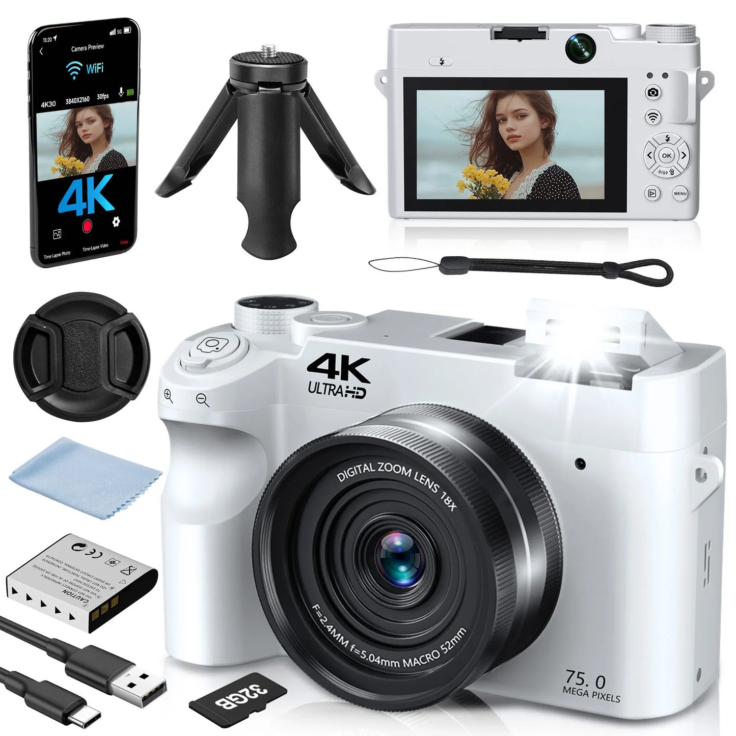 4K Digital Camera 75MP Autofocus Anti Shake 18X Zoom