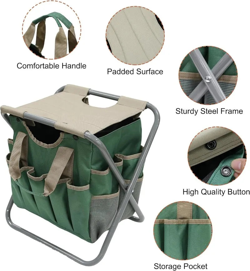 Folding Gardening Stool With Detachable Tote And Tools