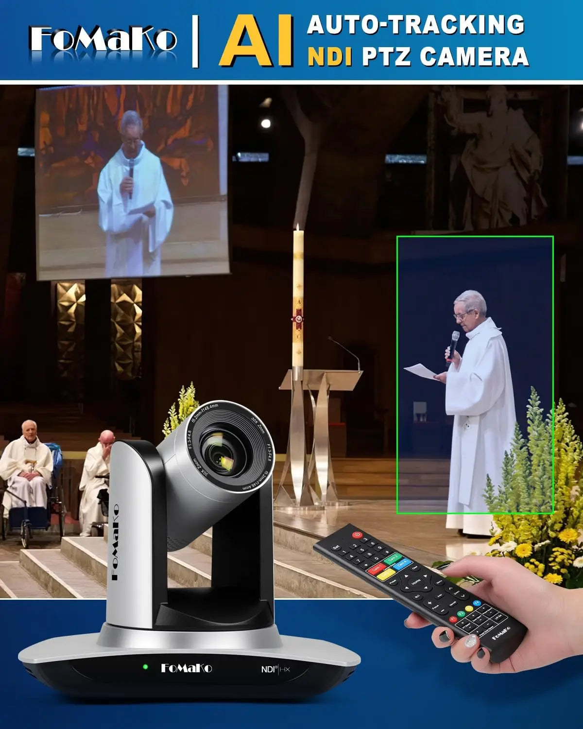 FoMaKo NDI Camera AI Auto Tracking HDMI PTZ Camera 20x Optical Zoom(4pcs) +KC601 Video Mixer Switcher+ KC608N NDI PTZ Controller