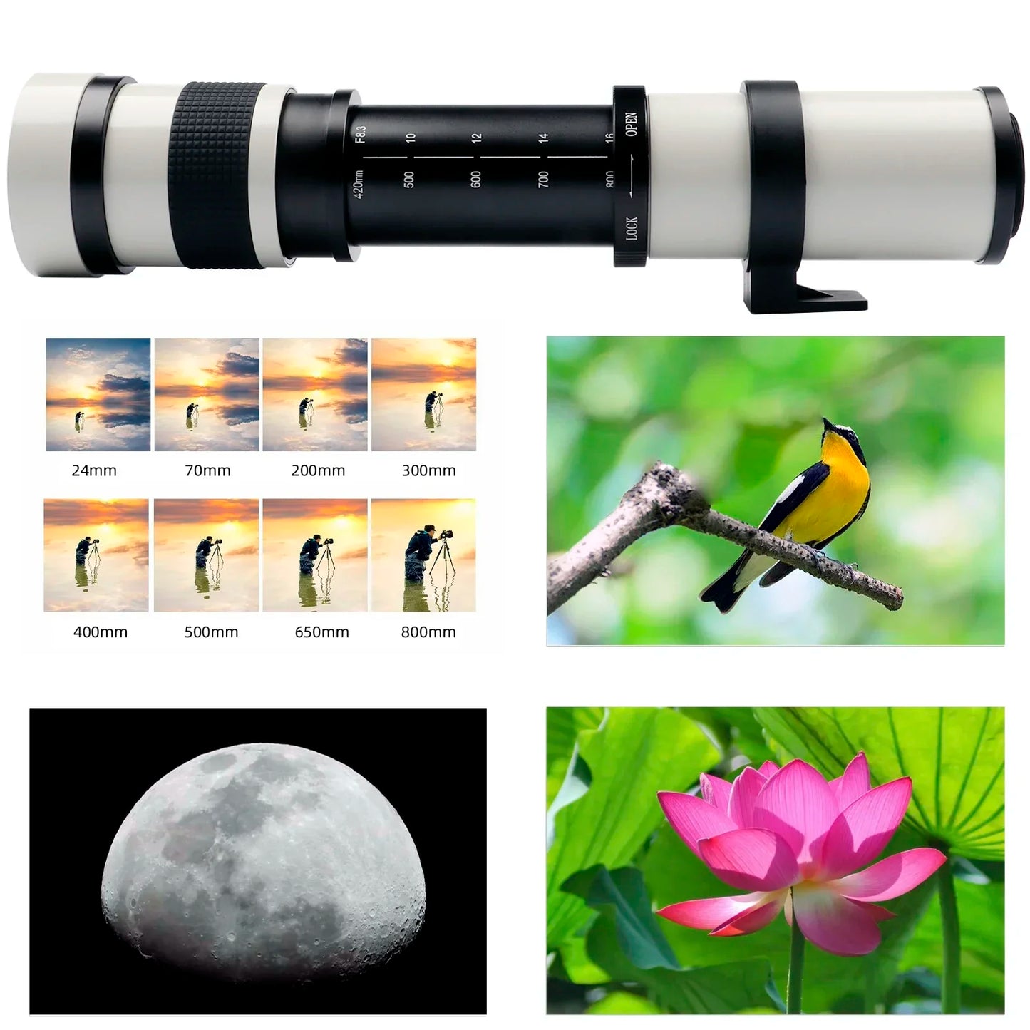 Lightdow 420-800mm F8.3-16 Super Telephoto Manual Zoom Lens with T2 Ring Adapter for Canon Nikon Sony RU USA ES Shipping