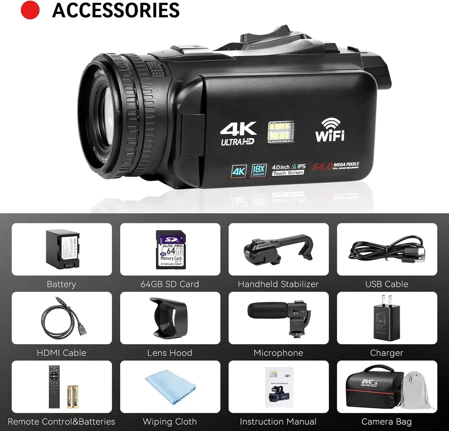 UHD 4K Camcorder With 18X Zoom And 64MP Cam Rotating Screen