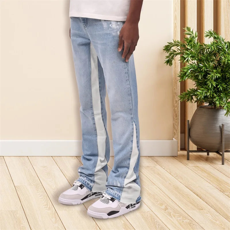 Mens Retro Distressed Jeans With Zipper Pockets Faded Wash