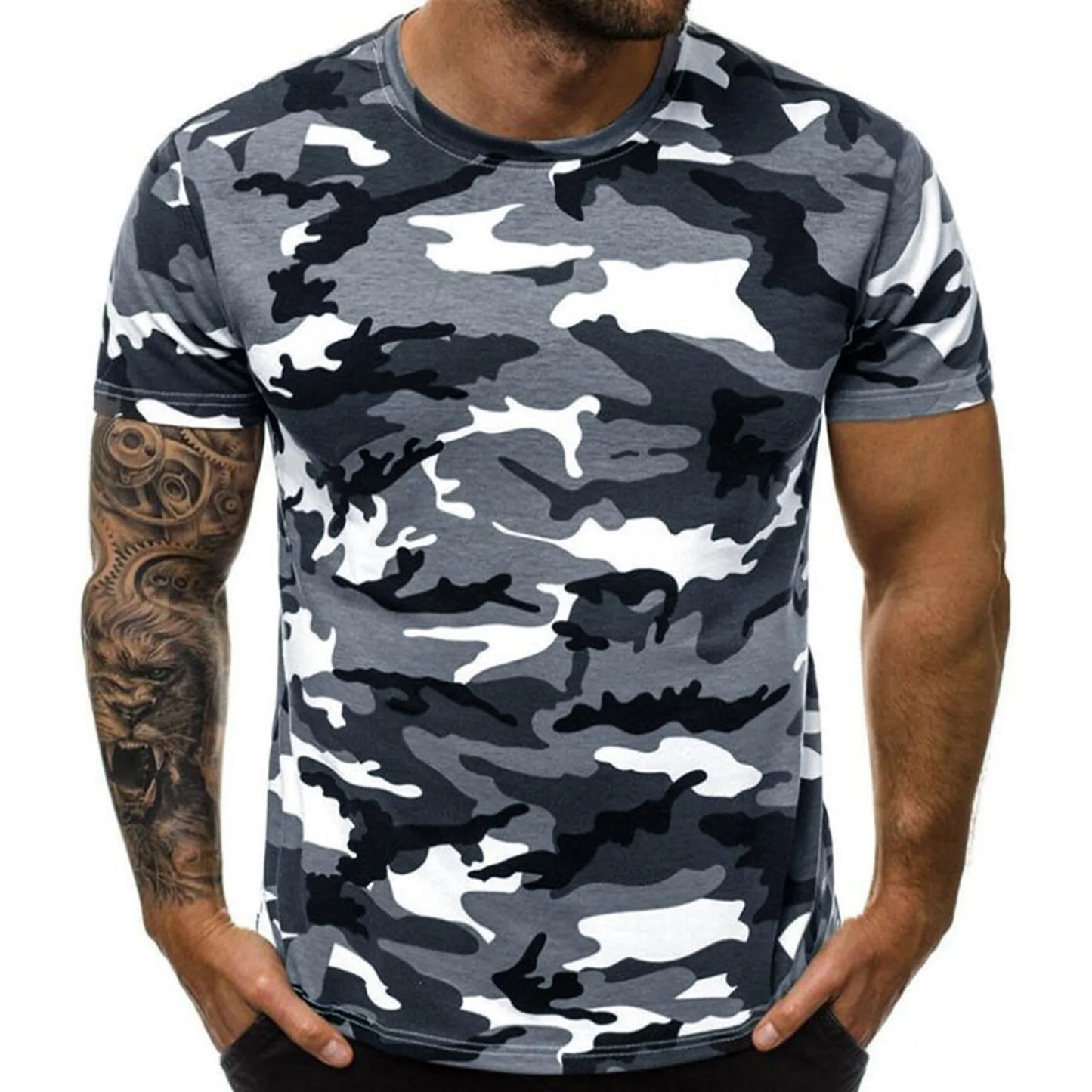 Mens Casual Round Neck Camouflage Short Sleeve Tee