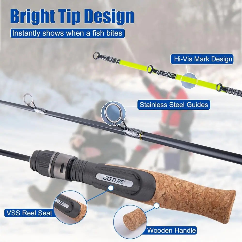 Ice Fishing Rod and Reel Combo with Carry Bag, 24''Medium Spinning Ice Fishing Pole, 58Pcs Jigs & Lures with Storage Box, Line,F