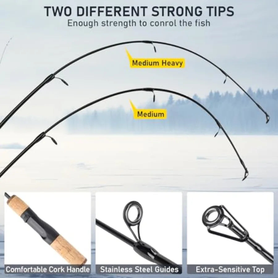 Portable Ice Fishing Rod and Reel Combo 28'' Set with Inline Reels Lures Ice Cleats Carrier Bag Folding Stool Fishing Line and
