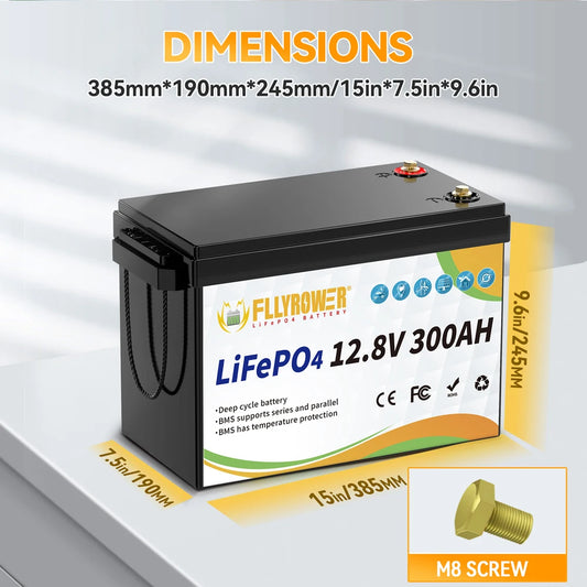 FLLYROWER 12V 300Ah LiFePO4 Battery With 200A BMS RV Solar