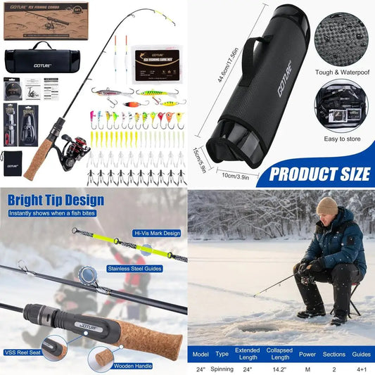Ice Fishing Rod and Reel Combo with Carry Bag, 24''Medium Spinning Ice Fishing Pole, 58Pcs Jigs & Lures with Storage Box, Line,F