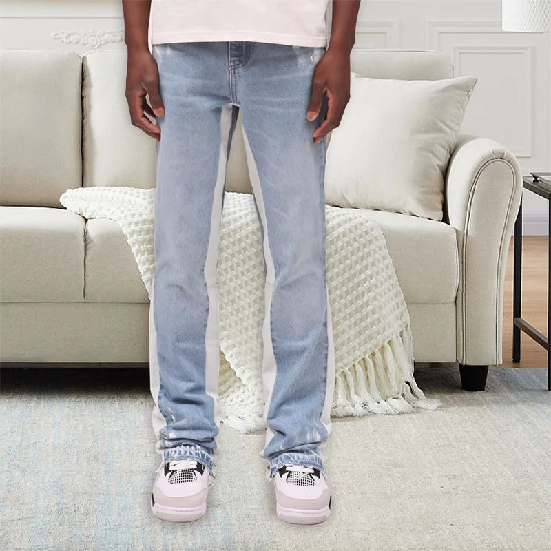 Mens Retro Distressed Jeans With Zipper Pockets Faded Wash