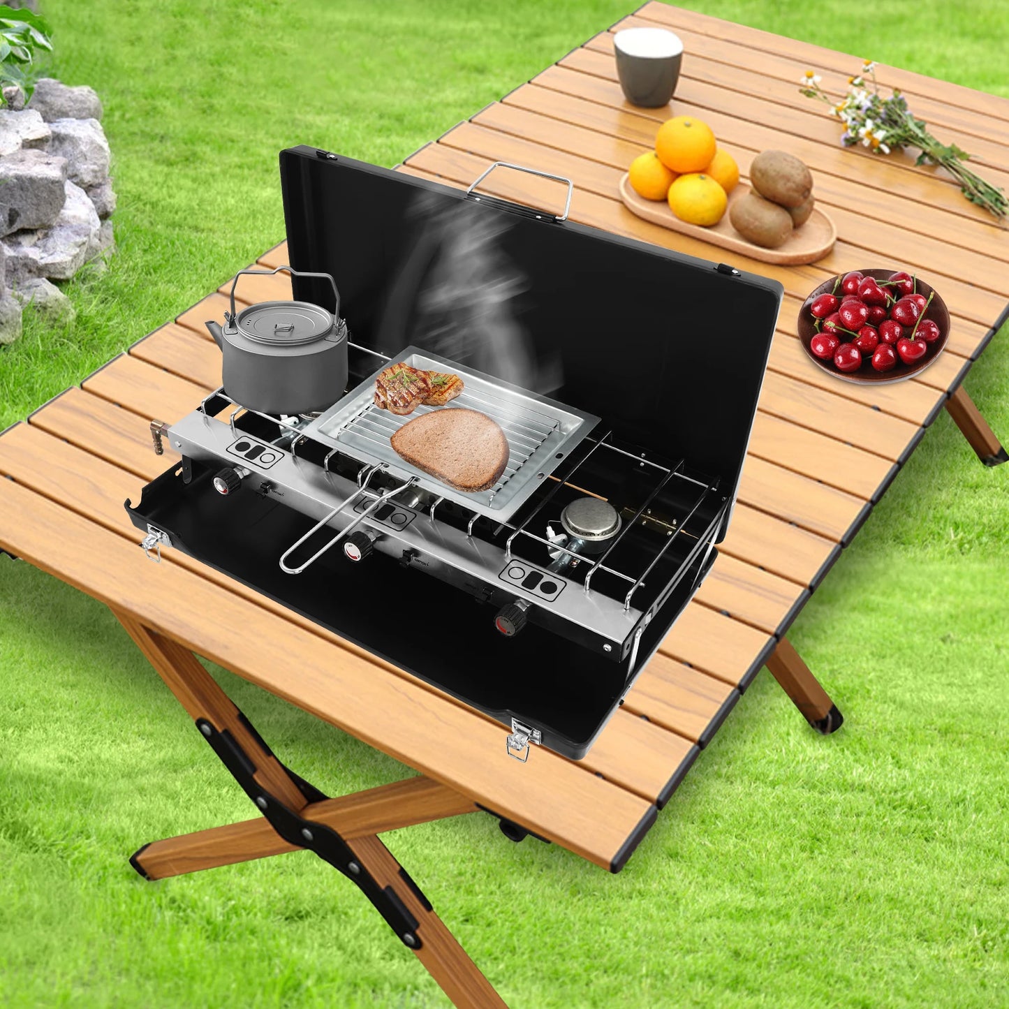 Three Burner Portable Camping Stove Foldable Tabletop Grill
