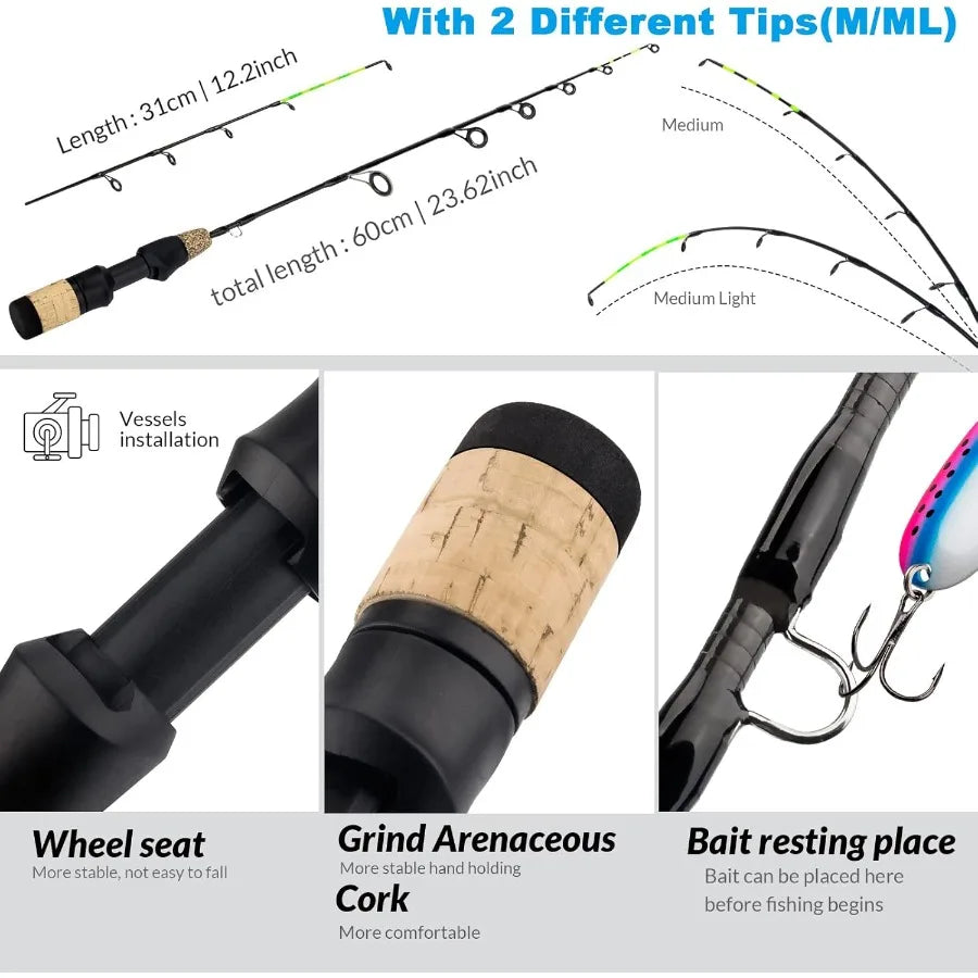 Complete Ice Fishing Kit with Reel Combo Backpack Seat Ice Cleats Jigs Line for Winter Fishing Adventures on Frozen Lakes and R