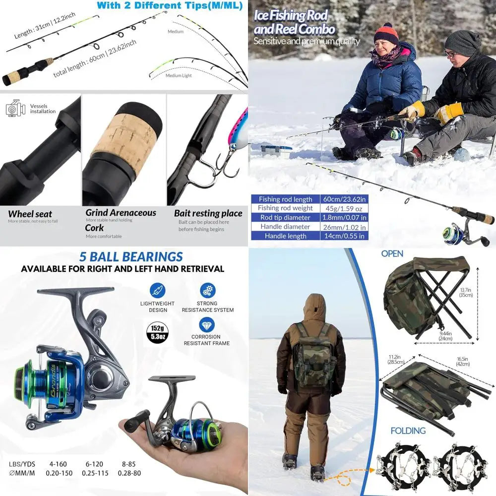 Ice Fishing Rod Reel Combo Complete Set Ice Fishing Gear with Backpack Seat Ice Cleats Ice Fishing Jigs Line Full Ice Fishing Ki