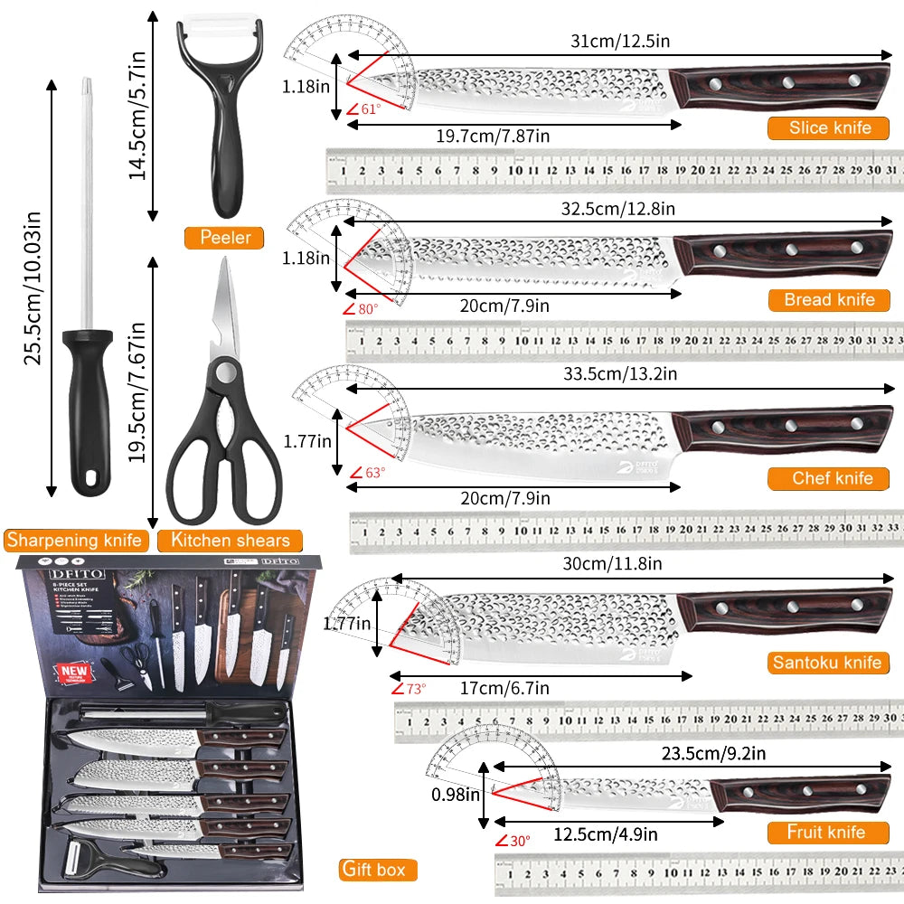 8 Piece Chef Knife Set Hammer Pattern Stainless Blades