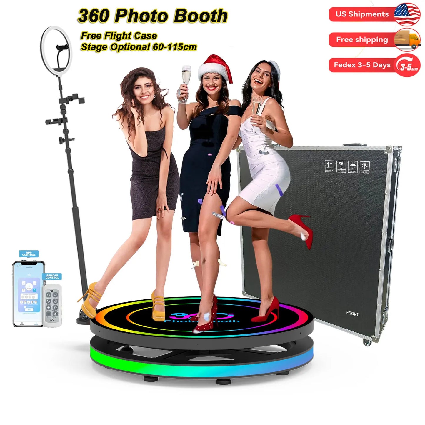 Automatic 360 Photo Booth Machine Degree Camera Video Spinner with RGB Ring Light Flight Case 360 Spin Camera Booth for Parties
