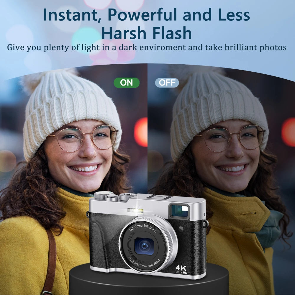 ZOSTUIC 4K Digital Camera, Autofocus 48MP Vlogging Camera, 16X Digital Zoom Video Camera Anti-Shake with 32GB Card - Black