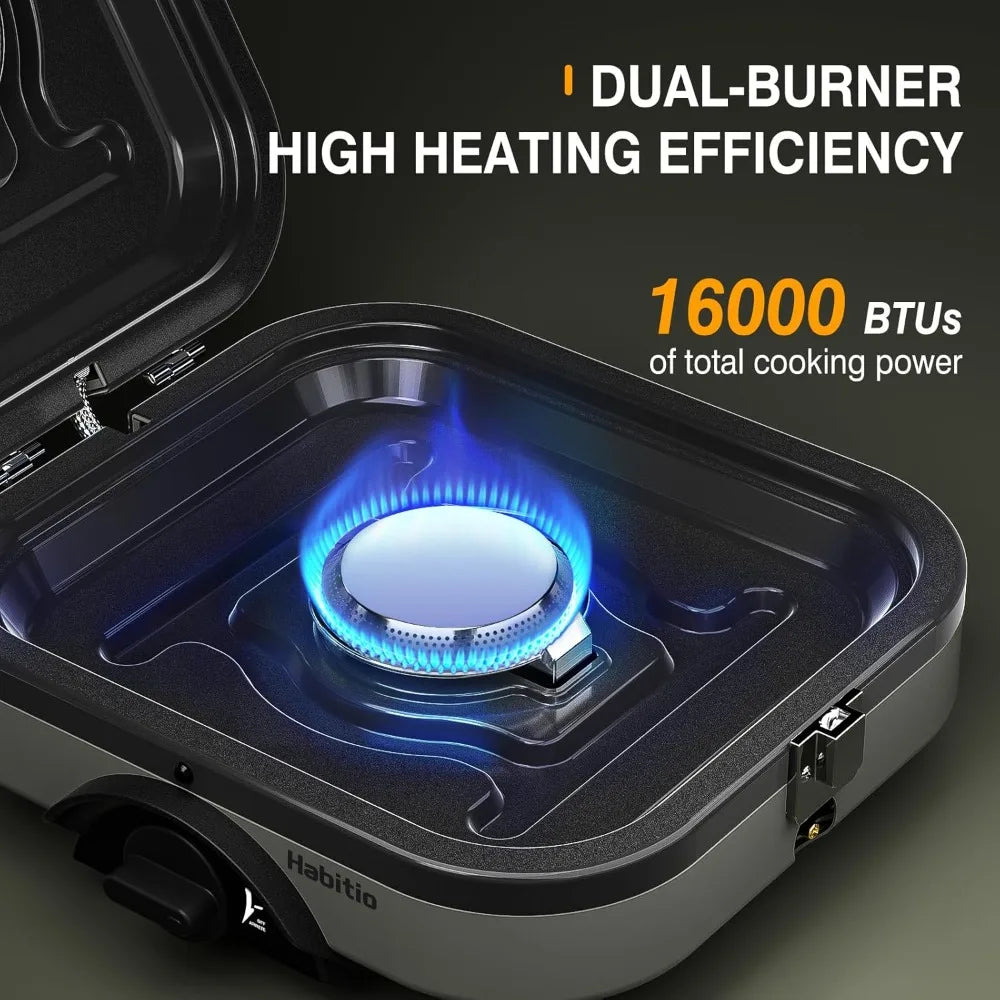 Foldable 2-burner camping stove, portable propane camping stove, adjustable burner and piezoelectric ignition for camping