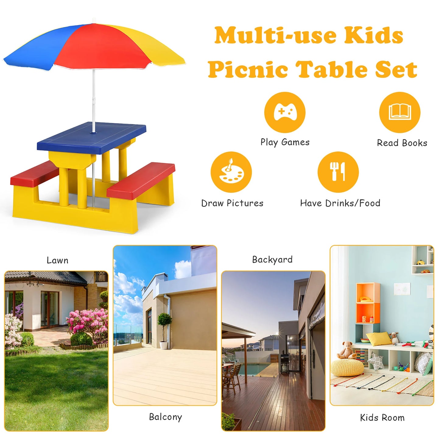 Kids Picnic Table Set With Removable Umbrella Outdoor