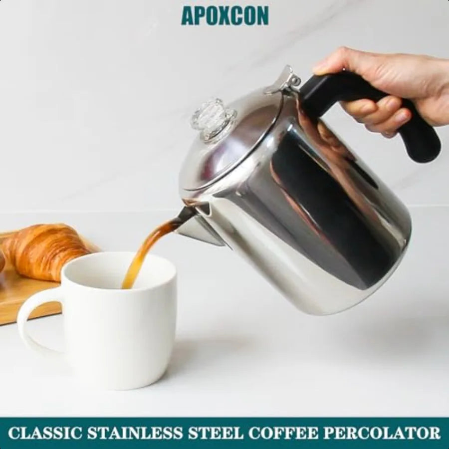 Stainless Steel Coffee Percolator Pot Glass Knob Stovetop